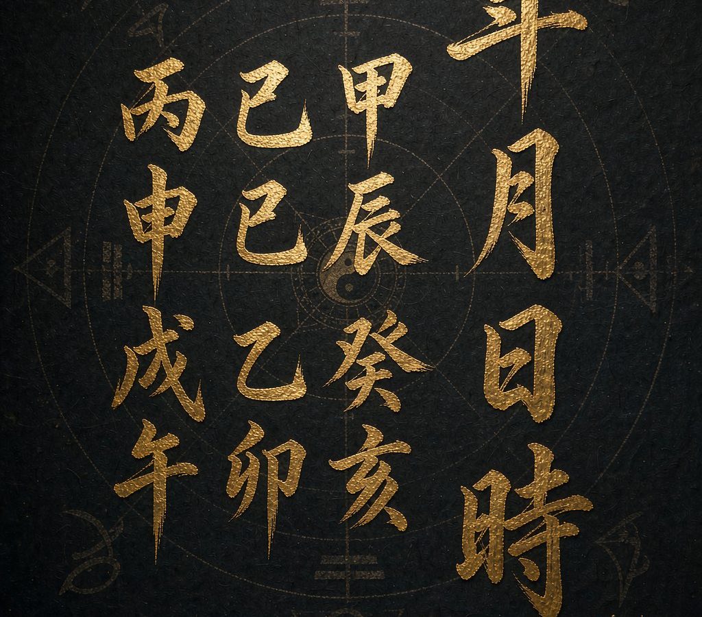 A four pillars chart drawn in gold ink on dark paper