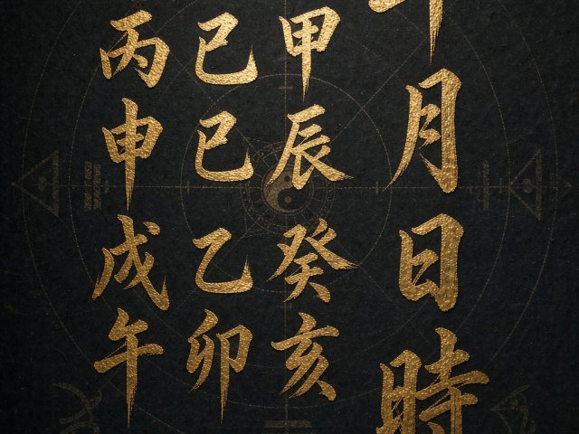 A four pillars chart drawn in gold ink on dark paper