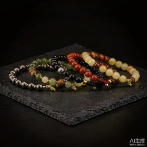 Five beaded bracelets arranged on black slate
