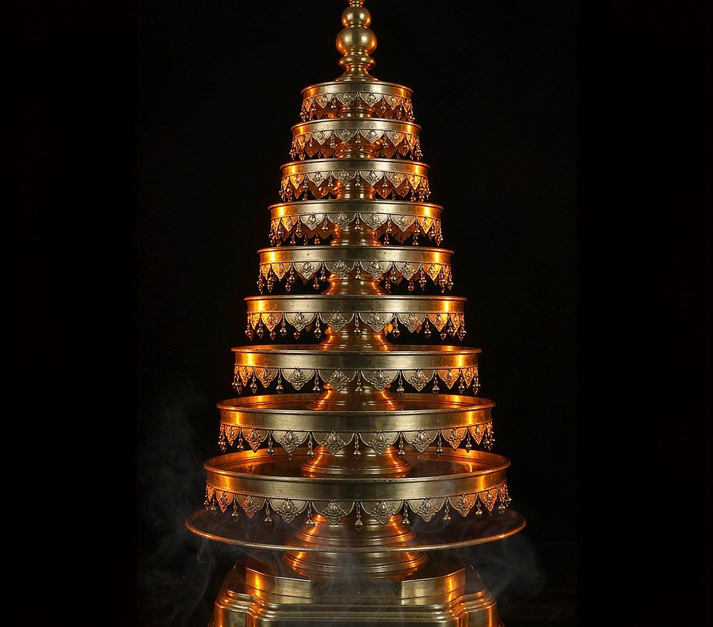 A nine-tiered polished brass blessing tower