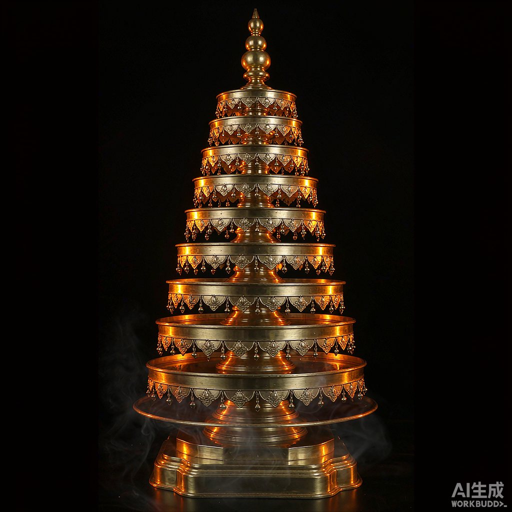 A nine-tiered polished brass blessing tower