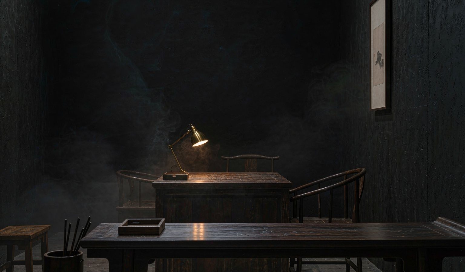 A minimalist East Asian study lit by a single brass lamp