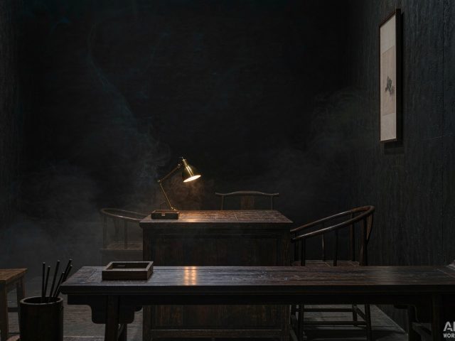 A minimalist East Asian study lit by a single brass lamp